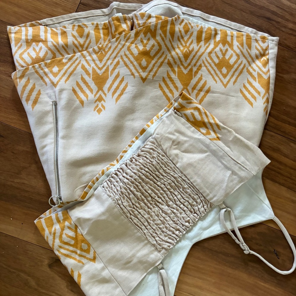 Averie Linen Blend Skort and Crop Top Set Yellow Geometric Print Large Boho - Picture 6 of 7